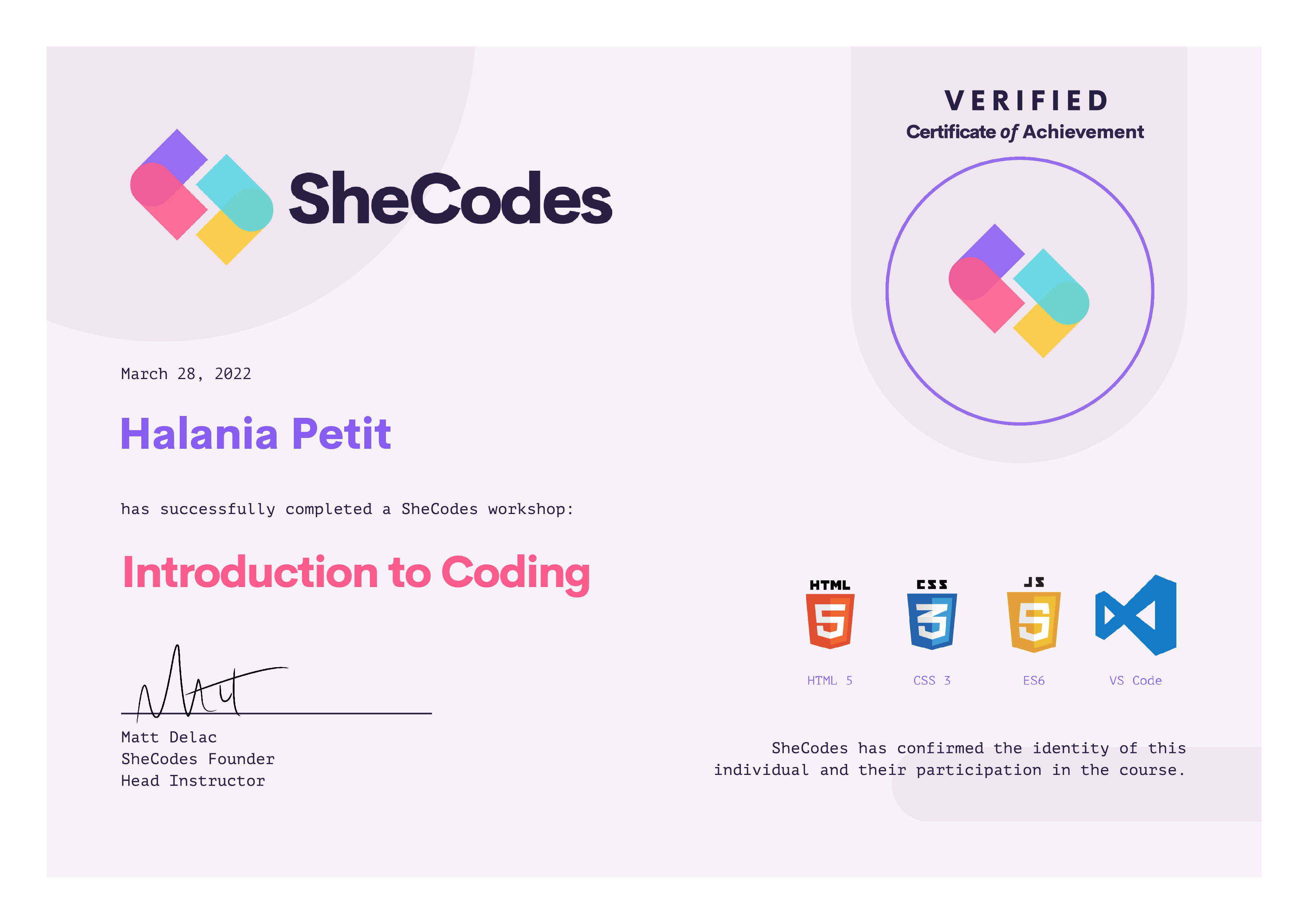 Photo of my SheCodes Intro certification.