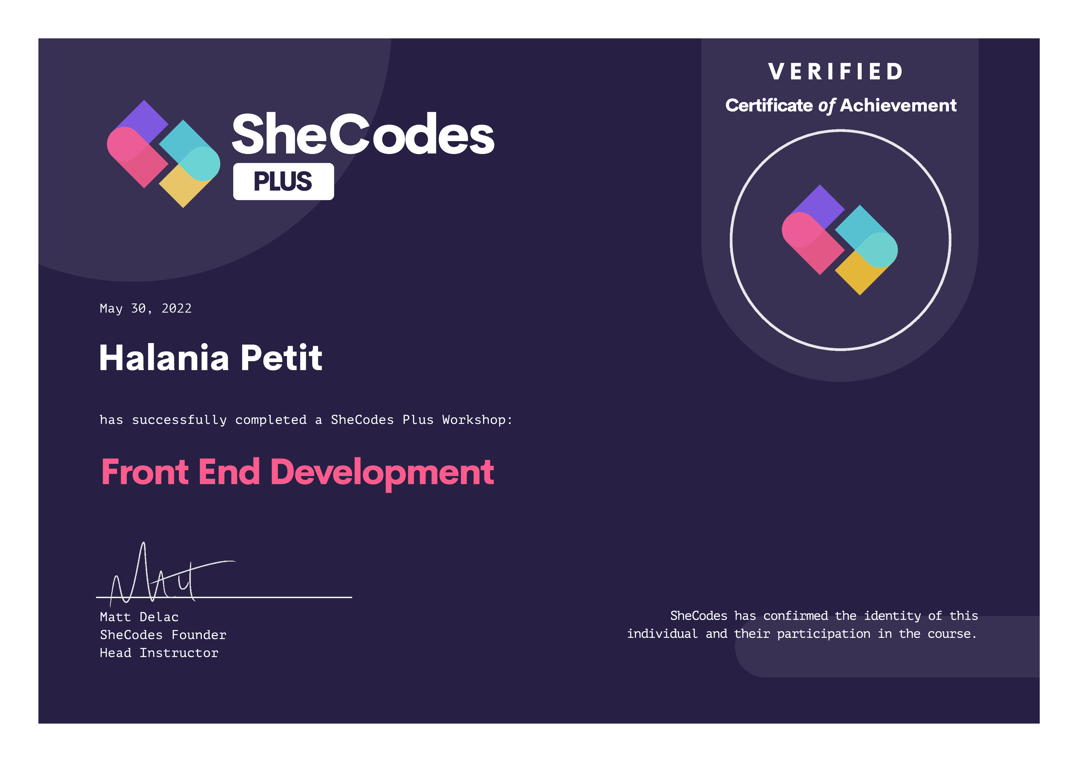 Photo of my SheCodes Plus certification.