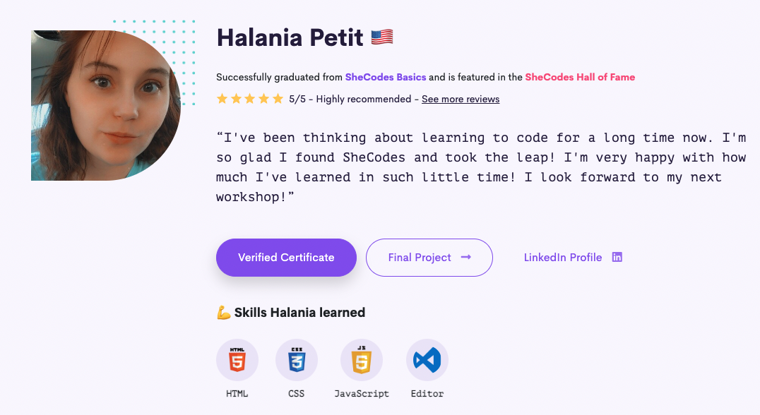 photo of my first completed shecodes course.